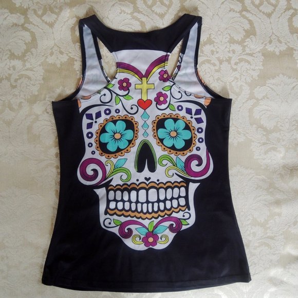 Sugar Skull Black Multicolor Racerback Athletic Tank M - Picture 4 of 6
